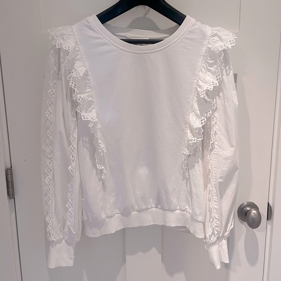 Anthropologie Cream Lace Ruffle Sweatshirt Sz M - Picture 5 of 7